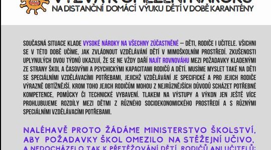 Výzva k omezení nároků na distanční domácí výuku dětí v době karantény